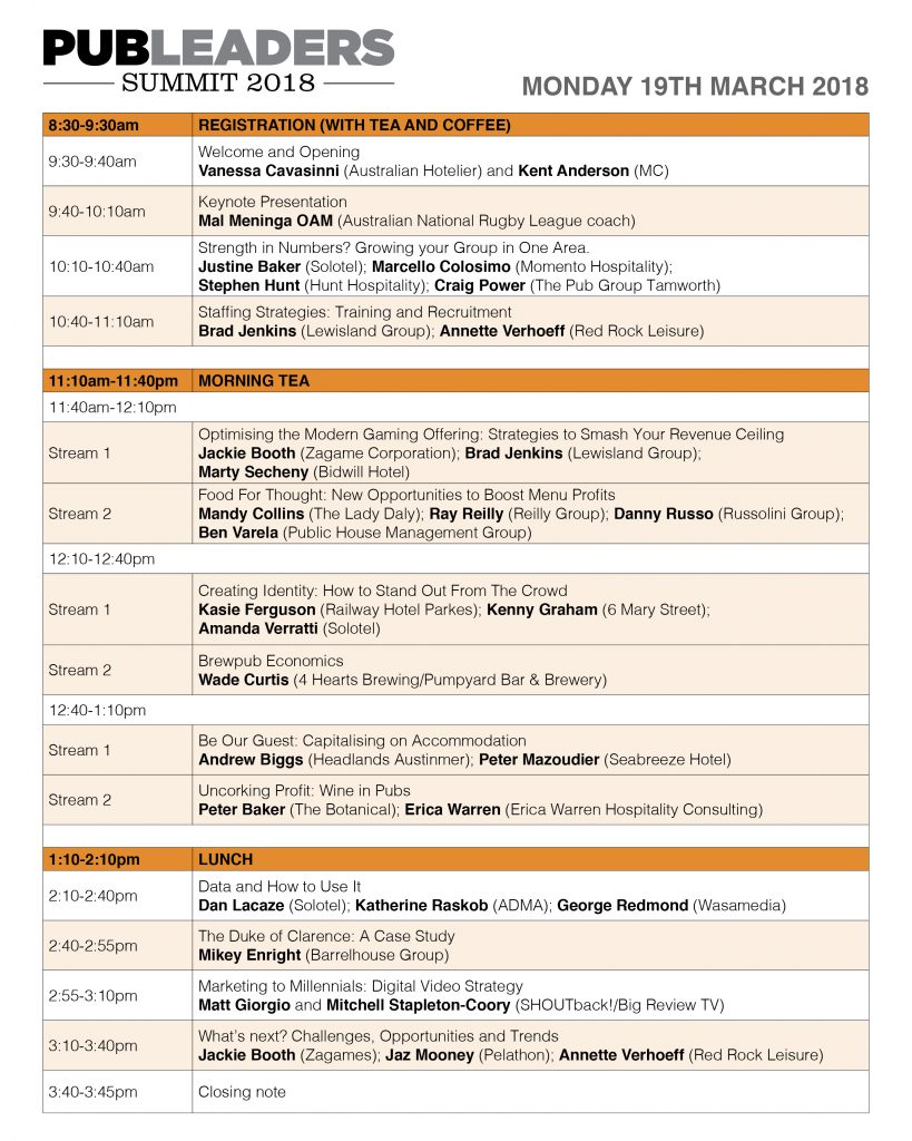 Pub Leaders Summit timetable