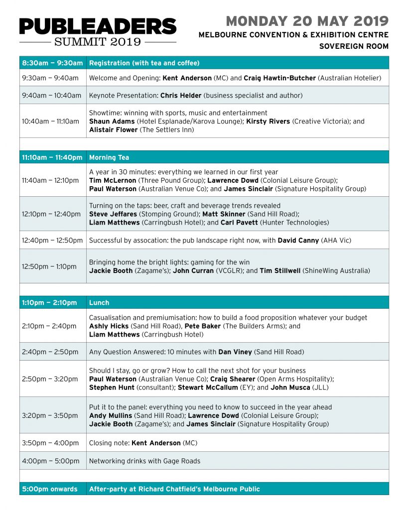 Pub Leaders Summit speakers program 2019