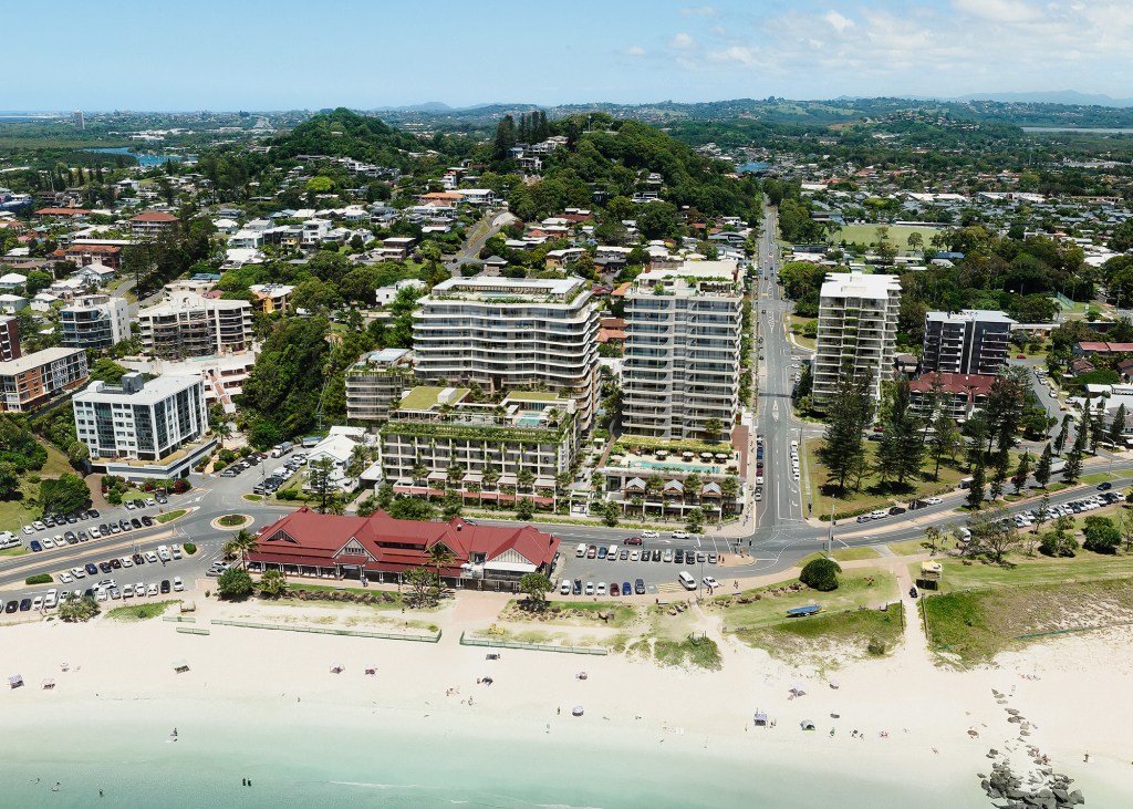 Aerial Render of finished Kirra Point Precinct including Stage 1 and 2