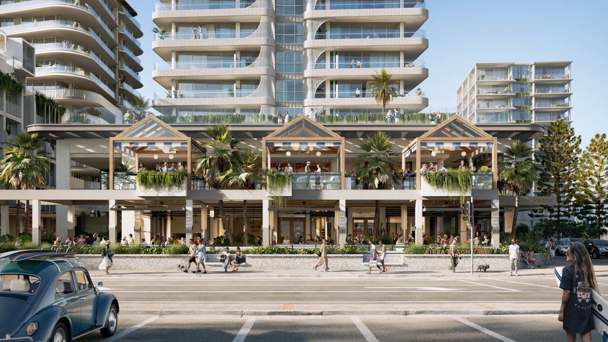 Streetscape render of Kirra Beach House & Kirra Beach Hotel