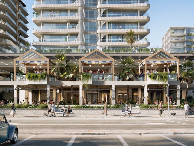 Streetscape render of Kirra Beach House & Kirra Beach Hotel