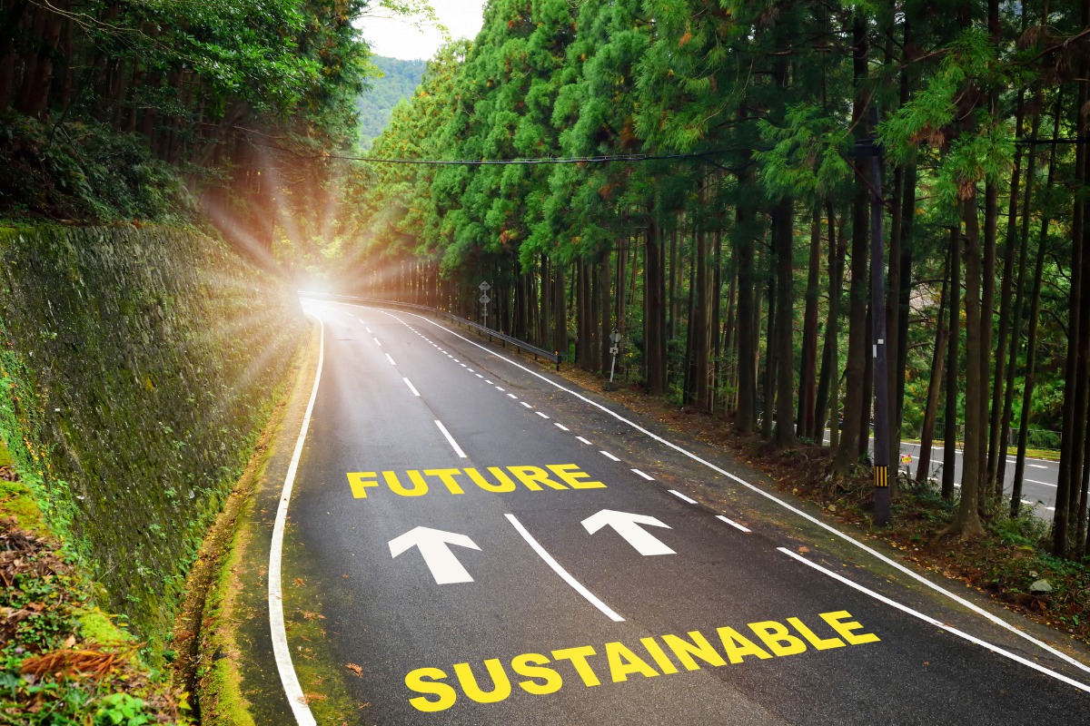 Sustainable future marked on a road heading forward