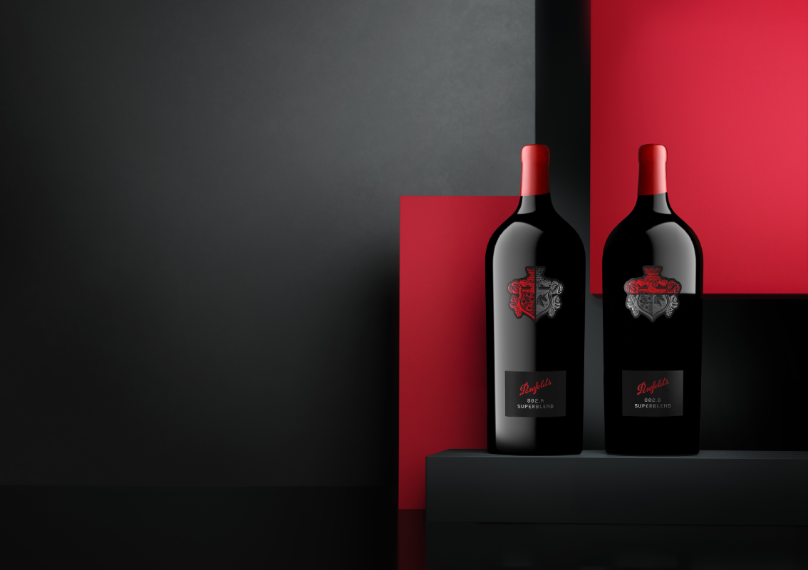 Penfolds Superblend Imperial size bottlings of wine on a red and black background