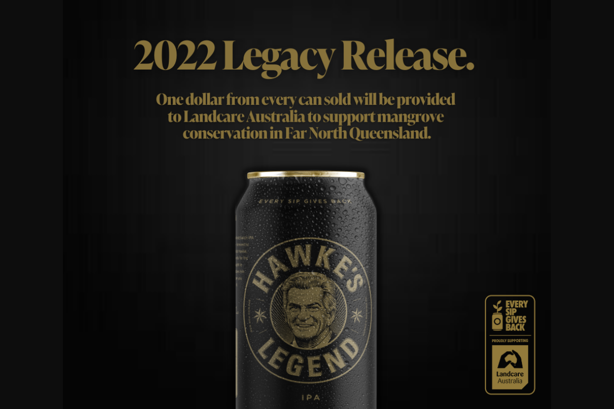 A black and gold can of Hawke's Legend IPA against a dark background with the text 'one dollar from every can sold will be provided to Landcare Australia to support mangrove conservation in Far North Queensland'