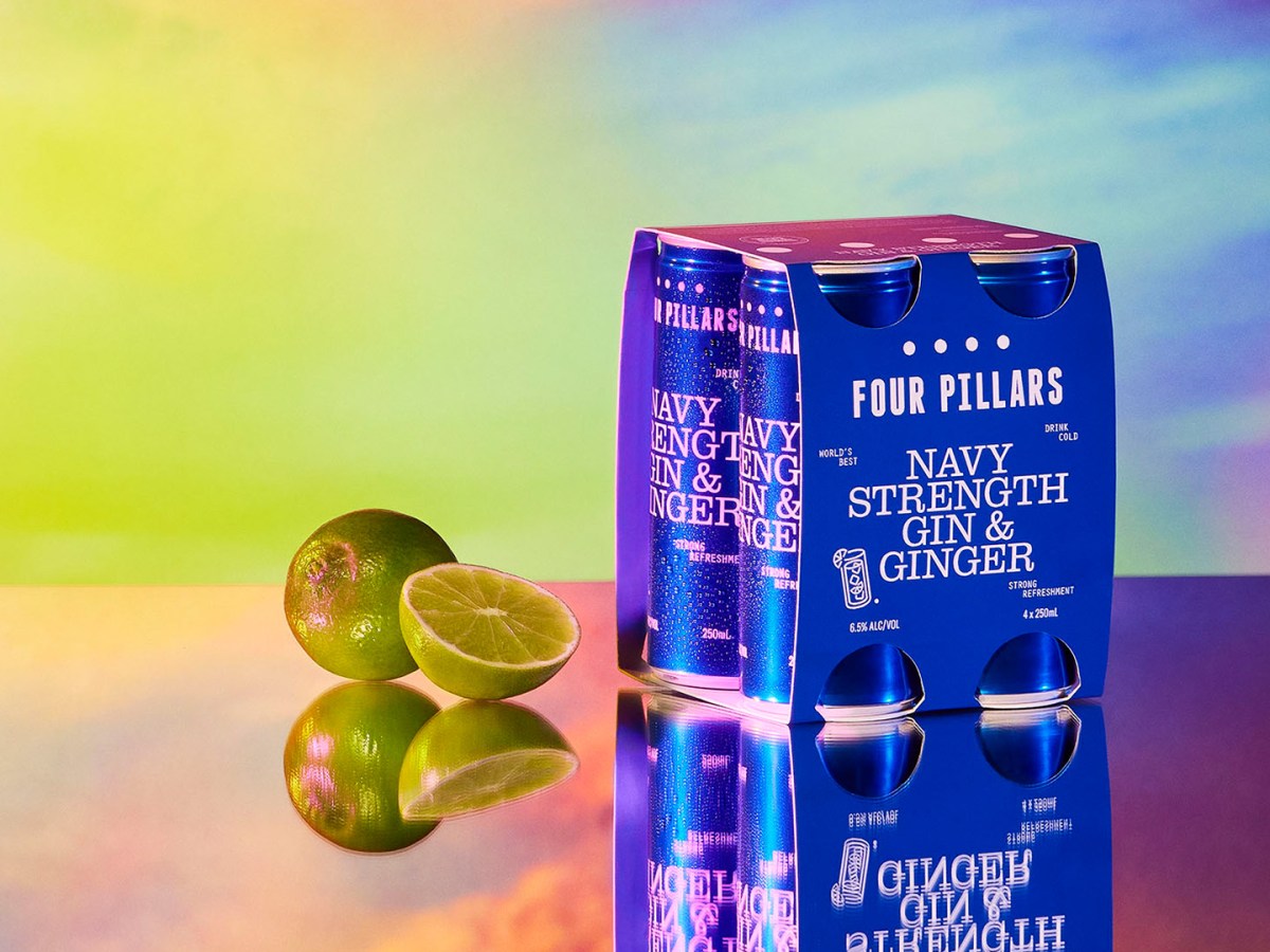 A four pack of Four Pillars Navy Strength and Ginger with limes